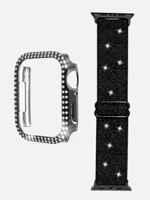 2 件兼容手表系列 SE/S10/S9/S8/S7/S6/S5/S4/S3/S2/S1 女士时尚闪亮防撞双排钻石手表保护壳 + 闪亮黑色透气尼龙表带，38 毫米/40 毫米/41 毫米/42 毫米/44 毫米/45 毫米/49 毫米 - 黑色 - 查看 3