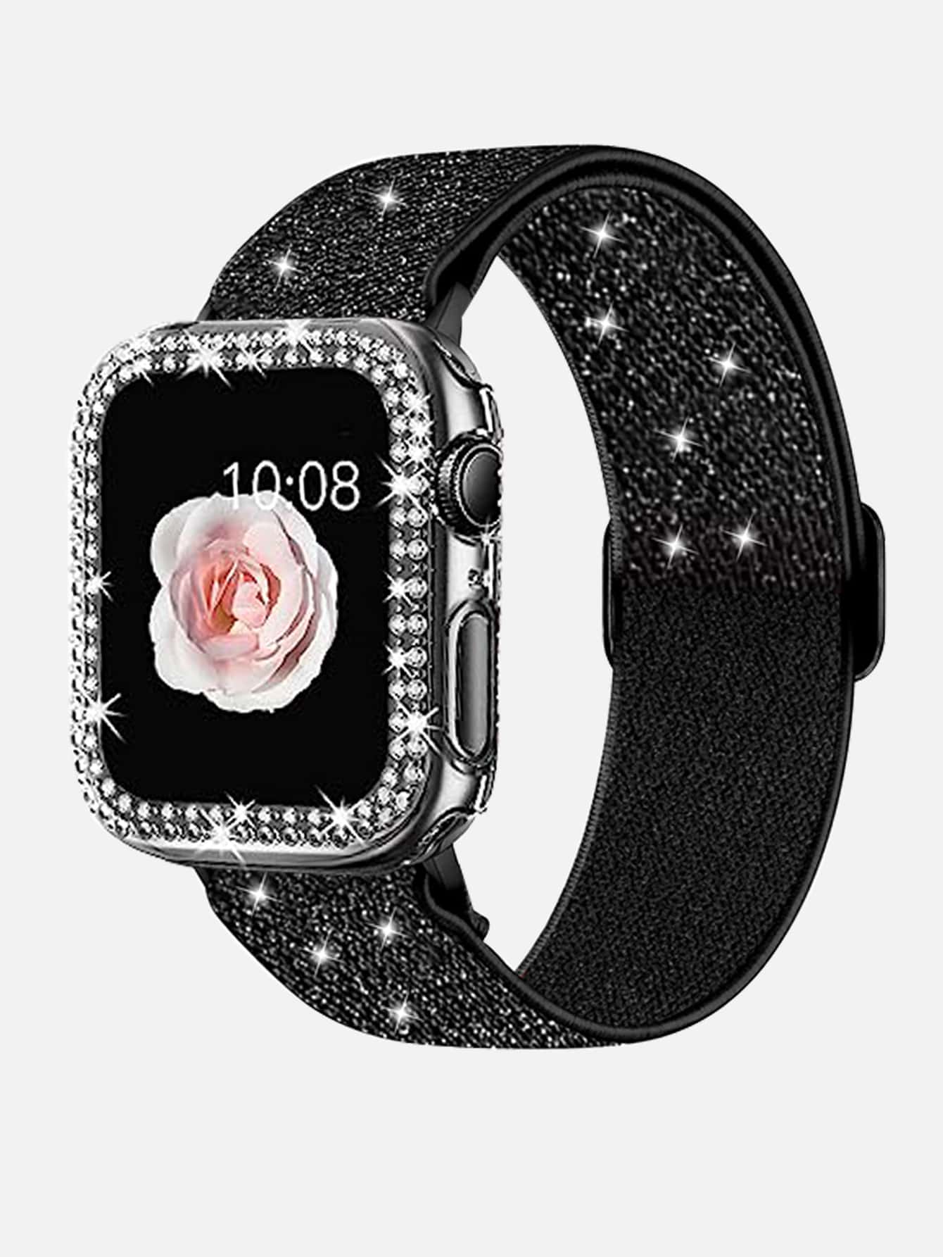 2 件兼容手表系列 SE/S10/S9/S8/S7/S6/S5/S4/S3/S2/S1 女士时尚闪亮防撞双排钻石手表保护壳 + 闪亮黑色透气尼龙表带，38 毫米/40 毫米/41 毫米/42 毫米/44 毫米/45 毫米/49 毫米 - 黑色 - 查看 1