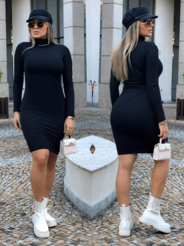 Vestido Midi Manga Longa Gola Alta Vestido Curto Vestido Frio Vestido Inverno Moda Inverno Tecido Canelado