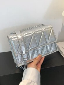 Fashionable All-match Stitching Flip Cover Square Bag - Silver - View 1
