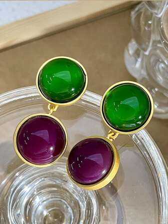 1雙復古&極簡風格圓球耳環在金色,綠色,和紫色