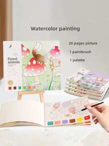 創意水彩著色本，贈送水彩素描本，卡通便條，兒童繪畫本，附送水彩畫和水彩紙，適合聖誕節、復活節等各種節日。隨機顏色1本，20頁，1入組調色板，和1入組畫筆 - 彩色 - 查看 4