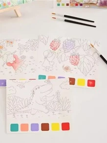 創意水彩著色本，贈送水彩素描本，卡通便條，兒童繪畫本，附送水彩畫和水彩紙，適合聖誕節、復活節等各種節日。隨機顏色1本，20頁，1入組調色板，和1入組畫筆 - 彩色 - 查看 2