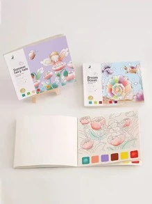 創意水彩著色本，贈送水彩素描本，卡通便條，兒童繪畫本，附送水彩畫和水彩紙，適合聖誕節、復活節等各種節日。隨機顏色1本，20頁，1入組調色板，和1入組畫筆 - 彩色 - 查看 3