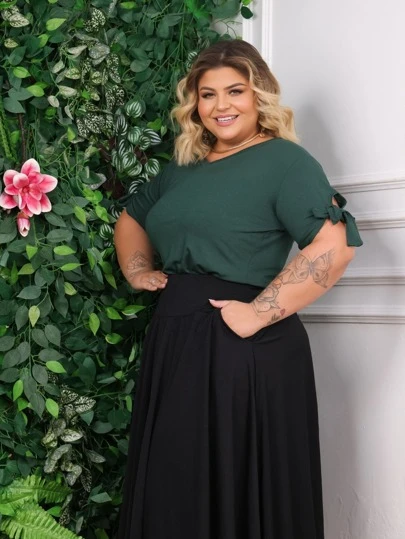 Blusa Laço Na Manga Plus Size Lisa Congresso Moda Cristã Evangélica Comportada Elegante Versátil Simples Casual Nó Na Manga Curta Amarração Social