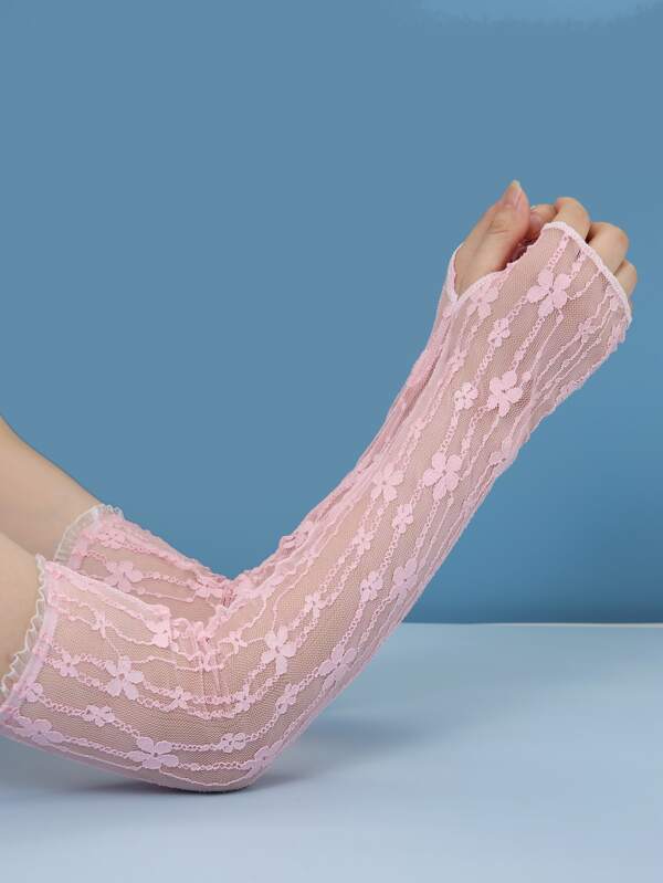 1pair Ladie's Pink Lace Arm Sleeves, Floral Long Fingerless Sun