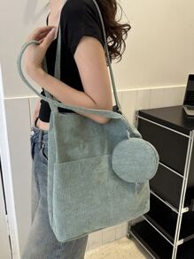 Solid Colour Fashionable Neutral Tote Bag With Coin Purse - Mint Green - View 4
