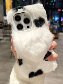 Funda para móvil felpa con adorno de corazón - Blanco y Negro - Ver 1