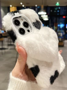 Funda para móvil felpa con adorno de corazón - Blanco y Negro - Ver 2