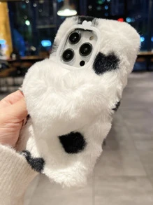 Funda para móvil felpa con adorno de corazón - Blanco y Negro - Ver 3