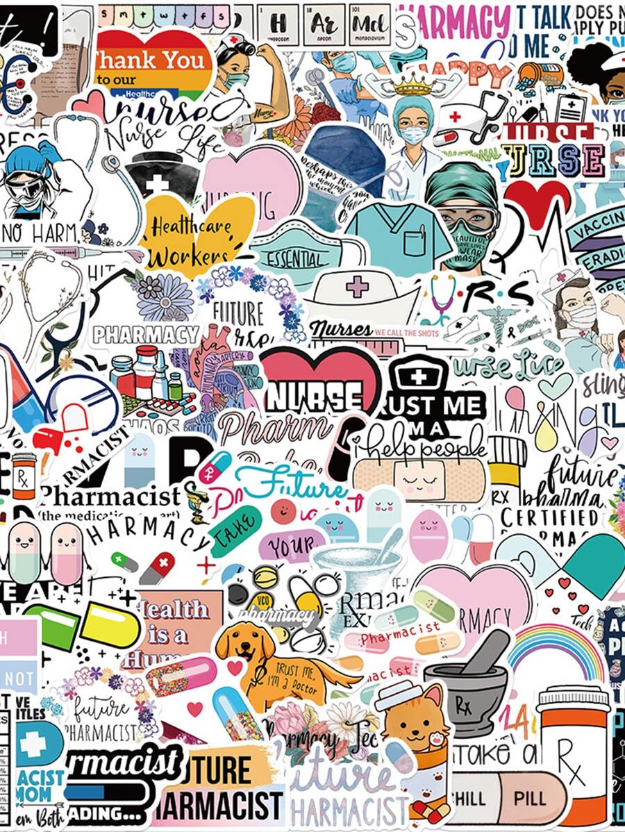100 Sheets Cartoon Nurse & Pharmacist Doodle Stickers - Multicolor - View 1