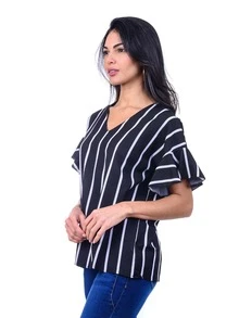 Blusa hermosa, juvenil, moderna mujer en tallas extra plus size cuello V mangas de escarola cortas Londres-004 - Negro - Ver 2