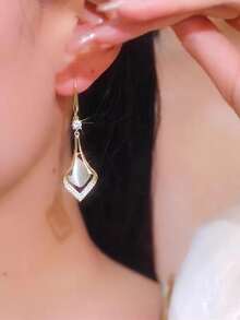 1pair Fashionable Cat Eye Stone Dangle Earrings With Water Drop & Cubic Zirconia Shape For Women's Daily Wear - Gold - View 5