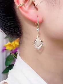 1pair Fashionable Cat Eye Stone Dangle Earrings With Water Drop & Cubic Zirconia Shape For Women's Daily Wear - Gold - View 6