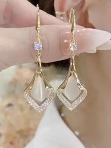 1pair Fashionable Cat Eye Stone Dangle Earrings With Water Drop & Cubic Zirconia Shape For Women's Daily Wear - Gold - View 1