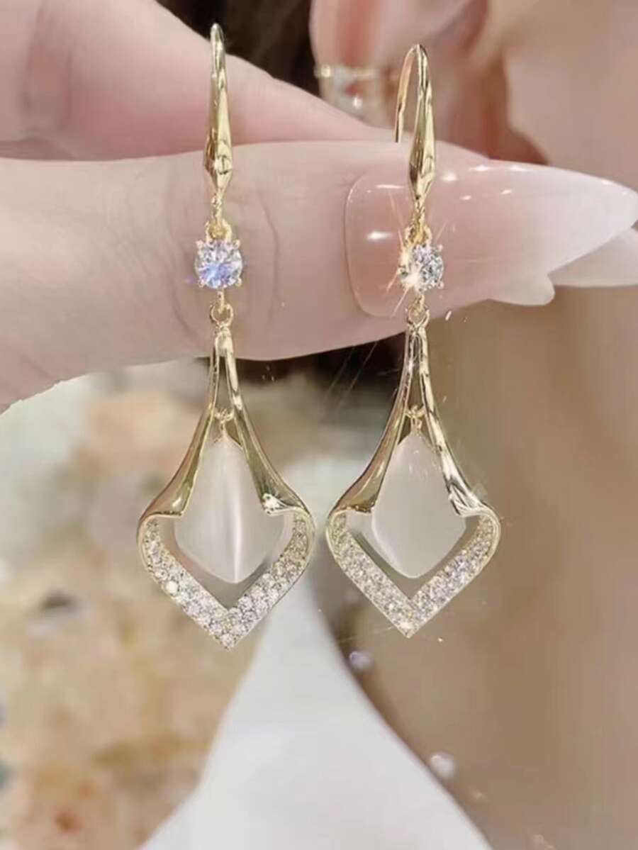 1pair Fashionable Cat Eye Stone Dangle Earrings With Water Drop & Cubic Zirconia Shape For Women's Daily Wear - Gold - View 1