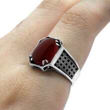 Anel Cabochão Prata 925 - Exclusivo - Vermelho - Visão 2