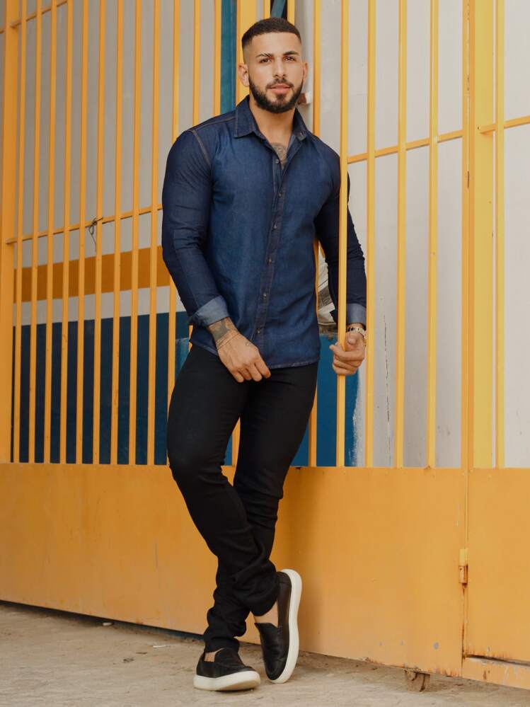 Urban Zone Jeans Men Denim Shirts - 深色水洗藍 - 查看 5
