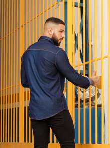 Urban Zone Jeans Camisa Jeans Masculina Manga Longa Escura Premium Denim - Lavagem escura - Visão 3