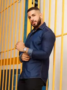 Urban Zone Jeans Camisa Jeans Masculina Manga Longa Escura Premium Denim - Lavagem escura - Visão 4