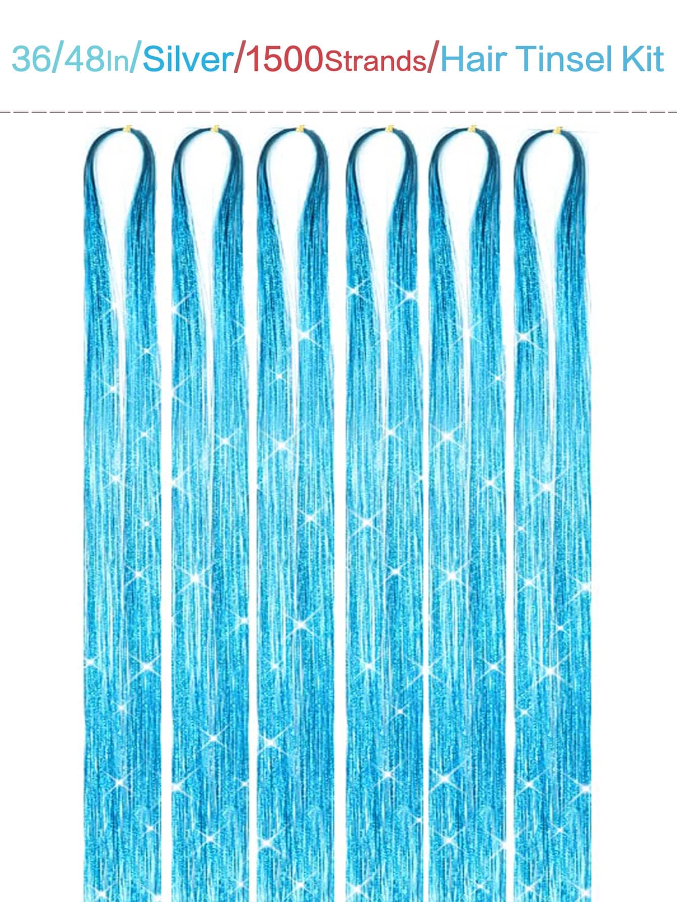 6入組湖藍色發閃絨套裝（不含工具），仙女發閃光發廊，閃爍亮麗的絨線女生頭髮拉線髮片 - 水鴨藍 - 查看 1
