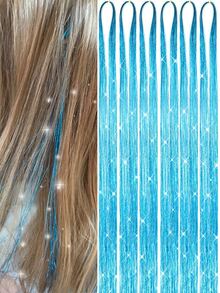 6入組湖藍色發閃絨套裝（不含工具），仙女發閃光發廊，閃爍亮麗的絨線女生頭髮拉線髮片 - 水鴨藍 - 查看 2