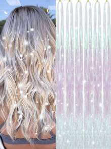 6pcs White Pink Hair Tinsel Kit With Tool, Fairy Hair Glitter Hair Extensions,Sparkling Shiny Hair Tinsel Tensile Hair Extensions For Women Girls