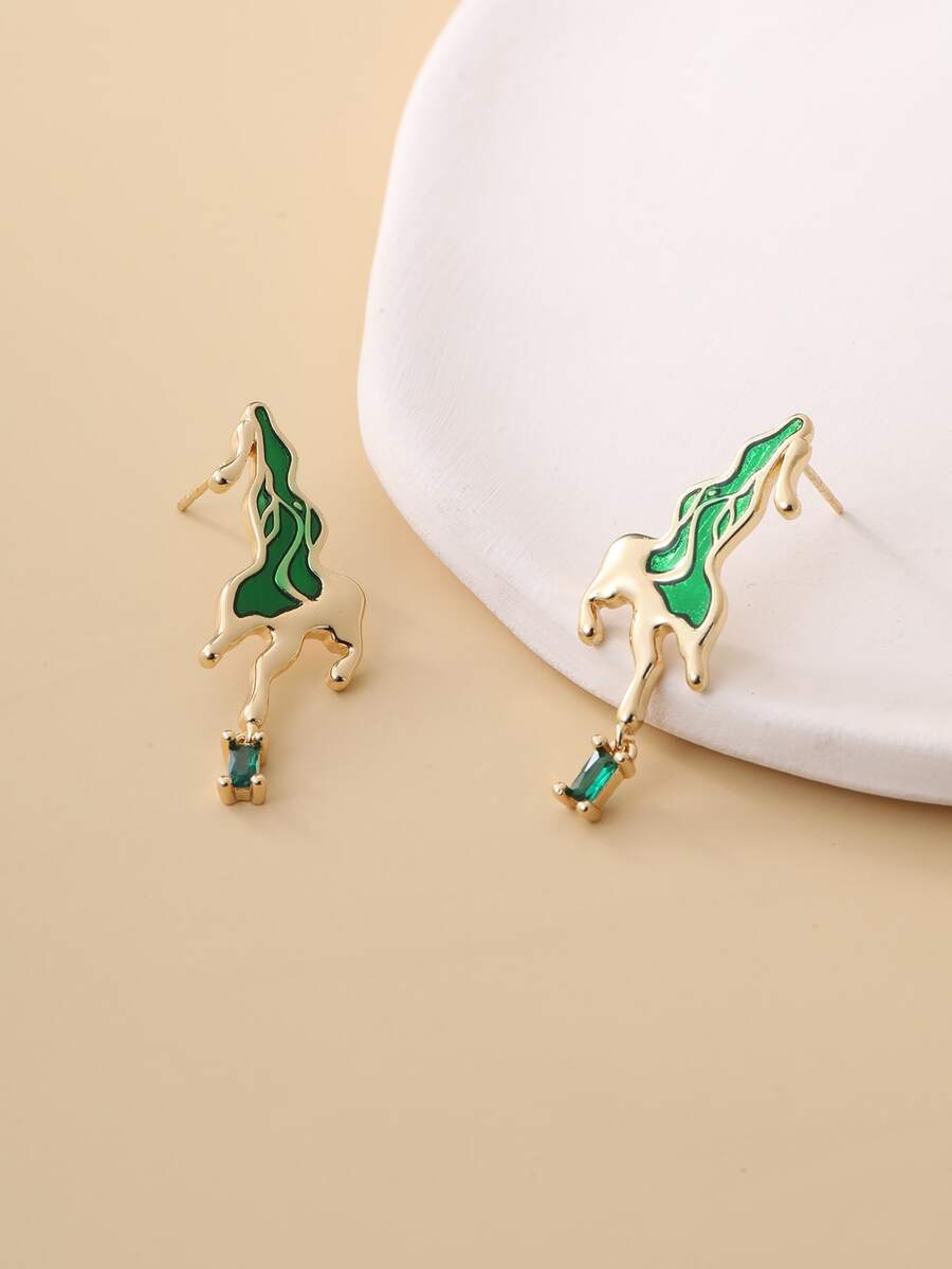 1pair Green Oil Drip Pony Design Creative Earrings - Multicolor - View 1