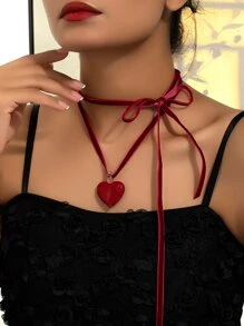 1件装玻璃心形天鹅绒蝴蝶结项链，女士款 - 紅色 - 查看 1