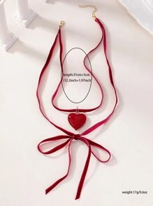 1件装玻璃心形天鹅绒蝴蝶结项链，女士款 - 紅色 - 查看 4