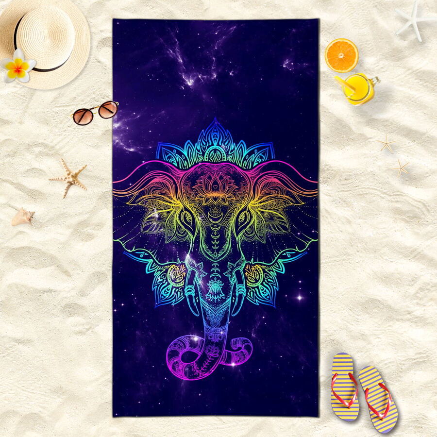 Toalla de baño impresa digitalmente con patrón de elefante y mandala, toalla de playa, hecha de fibra ultrafina, secado rápido y lavable a máquina, imprescindible para vacaciones y playa, unisex - Morado - Ver 1