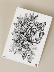 1 张老虎与花朵图案纹身贴纸 - 黑與白 - 查看 6