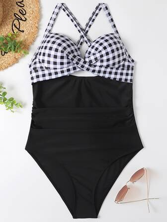 欧美比基尼新款交叉性感多色格纹印花连体泳衣女夏季