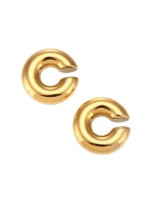 1雙圓形不銹鋼時尚夾式耳環,18K鍍金,適用於女士日常穿著 - 金色 - 查看 4