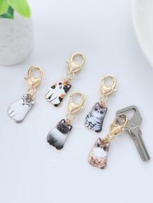 5pcs Metallic Cartoon Cat Design Earphone Case Pendant, Key Chain, Gift For Students' Schoolbags - Black and White - View 2