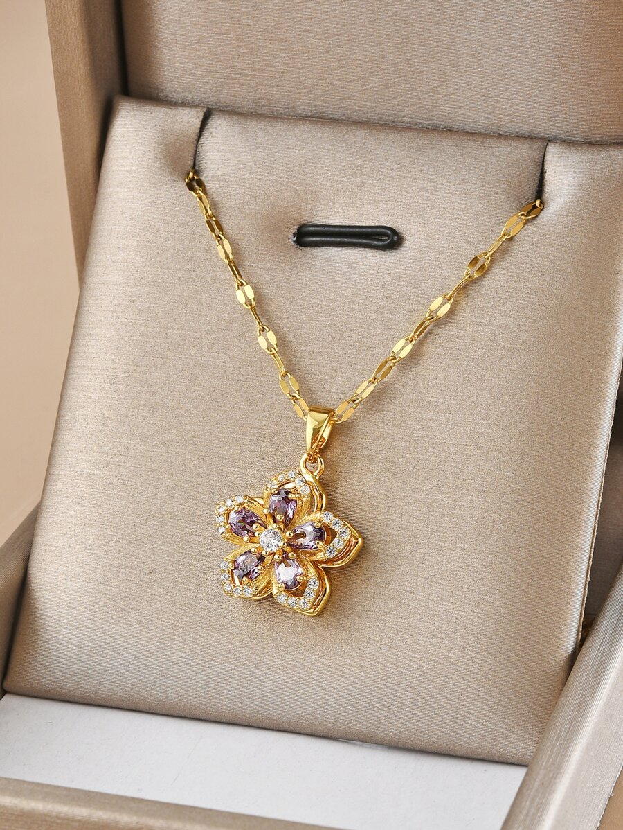 1 件不锈钢 5 瓣旋转花项链，适合女性日常佩戴，女士金色项链，高品质 18K 金项链，女士珠宝项链，万圣节礼物，圣诞节礼物，女士配饰