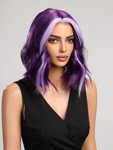 14英寸可愛角色扮演紫色短卷人造假髮適合女士頭髮替代品假髮帶劉海合適的適用於角色扮演日常派對使用 - 拼色 - 查看 4