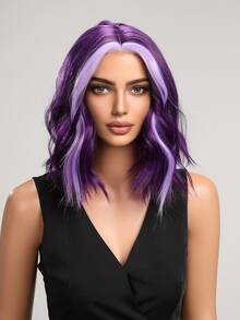 14英寸可愛角色扮演紫色短卷人造假髮適合女士頭髮替代品假髮帶劉海合適的適用於角色扮演日常派對使用 - 拼色 - 查看 3