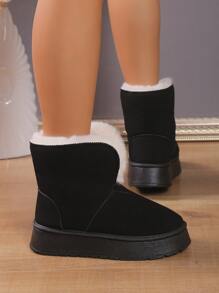 女士毛毛厚底雪地靴,2023年冬季新款暖和百搭鞋子 - 黑色 - 查看 3