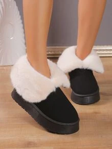 女士毛毛厚底雪地靴,2023年冬季新款暖和百搭鞋子 - 黑色 - 查看 5