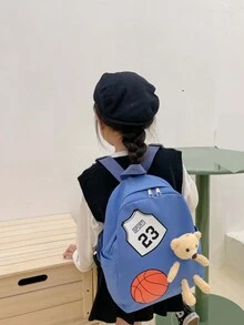 Mochila informal decorativa con oso de baloncesto para niños pequeños - Azul - Ver 2