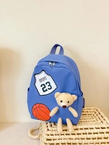 Mochila informal decorativa con oso de baloncesto para niños pequeños - Azul - Ver 3