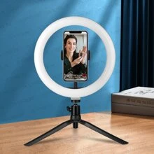 8英寸環形led燈光圈附三腳架、夾子和手機架,適用於化妝、自拍、攝影、直播,提供三種燈模式和十種亮度等級 - 黑與白 - 查看 1