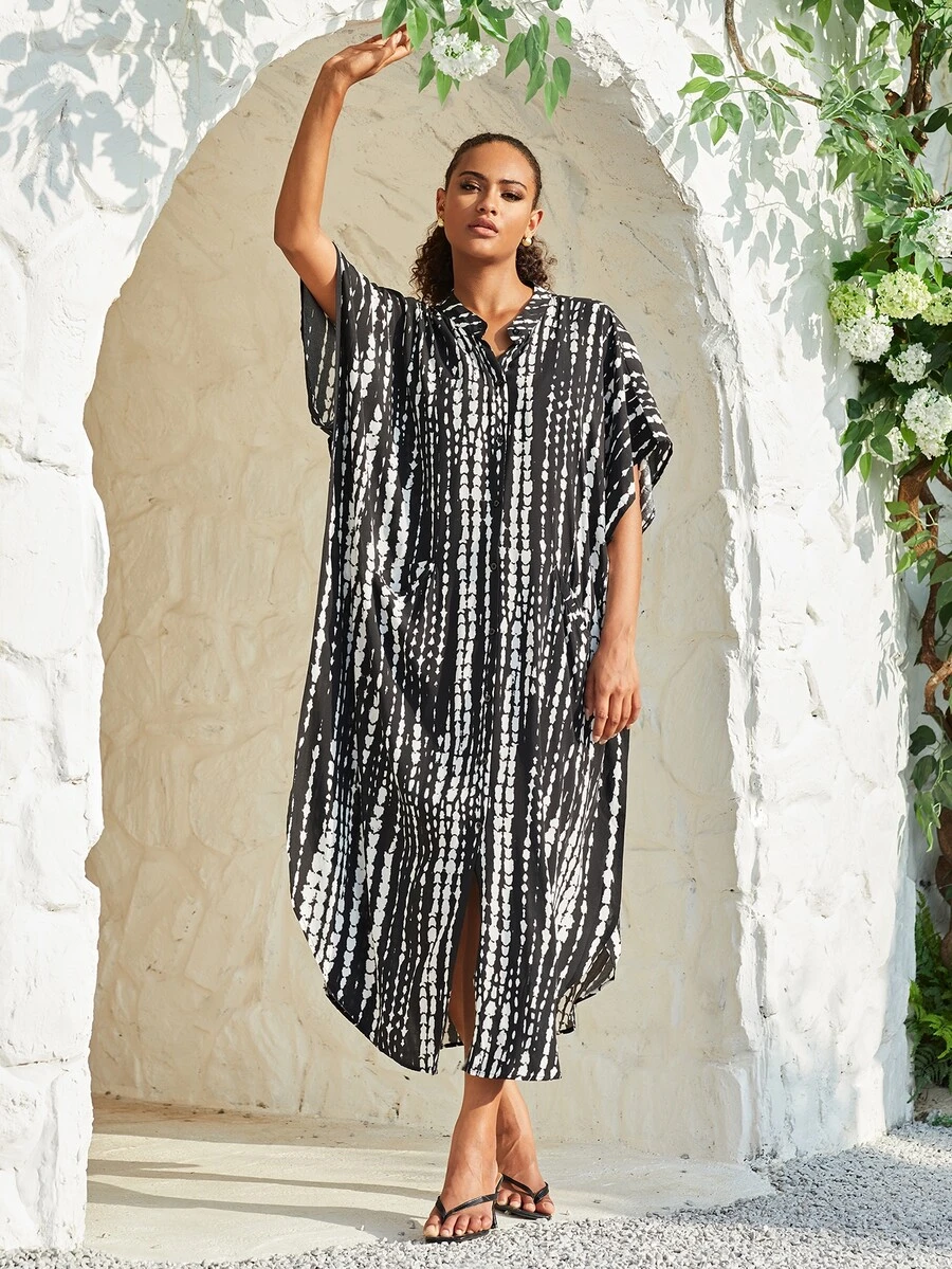 條紋圖案鬆動口袋長款罩衫休閒服穿戴屋洋裝