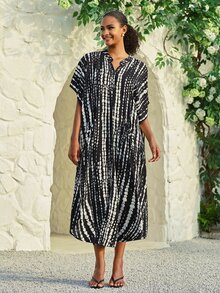 條紋圖案鬆動口袋長款罩衫休閒服穿戴屋洋裝