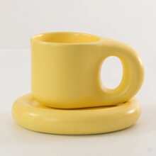 1set Ceramic Coffee  Mug Saucer Set, Creative Cute Fat Handle Cup With Saucer For Office And Home, Dishwasher And Microwave Safe, 10 Oz For Latte Tea Milk