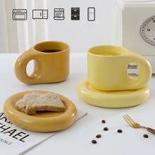1set Ceramic Coffee  Mug Saucer Set, Creative Cute Fat Handle Cup With Saucer For Office And Home, Dishwasher And Microwave Safe, 10 Oz For Latte Tea Milk