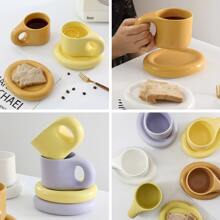 1set Ceramic Coffee  Mug Saucer Set, Creative Cute Fat Handle Cup With Saucer For Office And Home, Dishwasher And Microwave Safe, 10 Oz For Latte Tea Milk