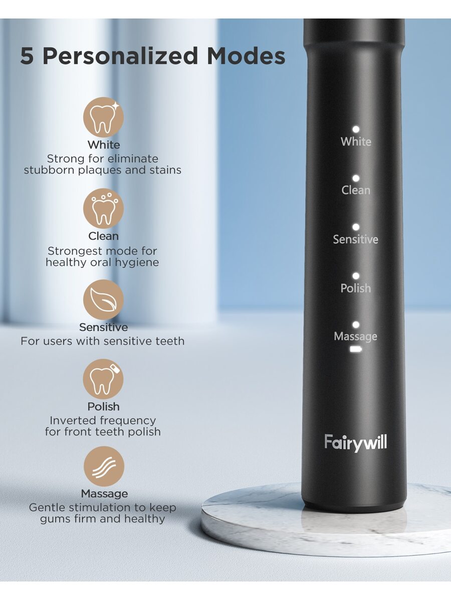 Fairywill Electric Toothbrush Oral Whitening Teeth Sonic Waterproof USB