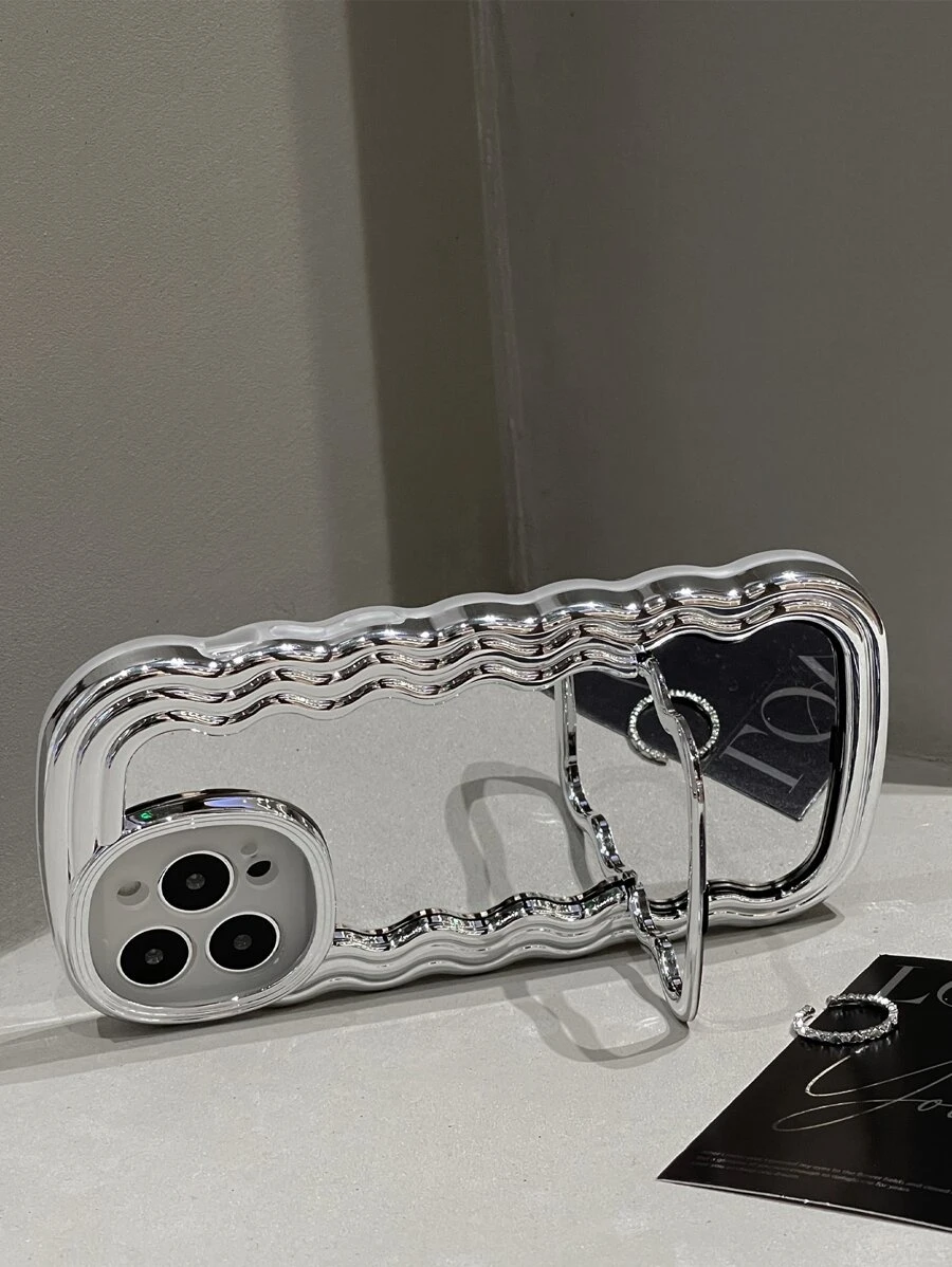 Heart Pattern Phone Case With Hand Strap - Silver - View 1